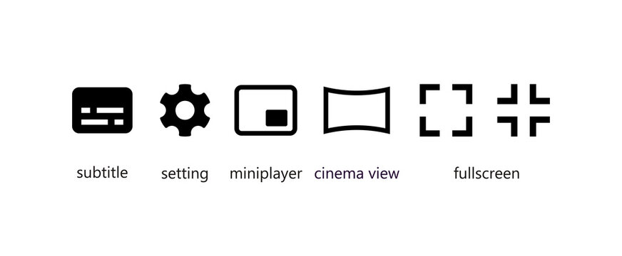 Media player interface icons set. subtitle, setting, miniplayer, cinema view, fullscreen