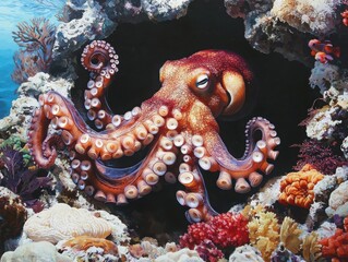 Octopus peering out from coral reef den underwater closeup view marine environment vibrant colors ocean life