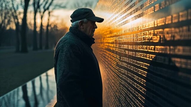 Veteran Reflecting at a War Memorial Wall