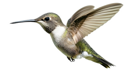 Fototapeta premium A hummingbird in mid-flight hovering near flowers in a vibrant garden during a sunny afternoon.