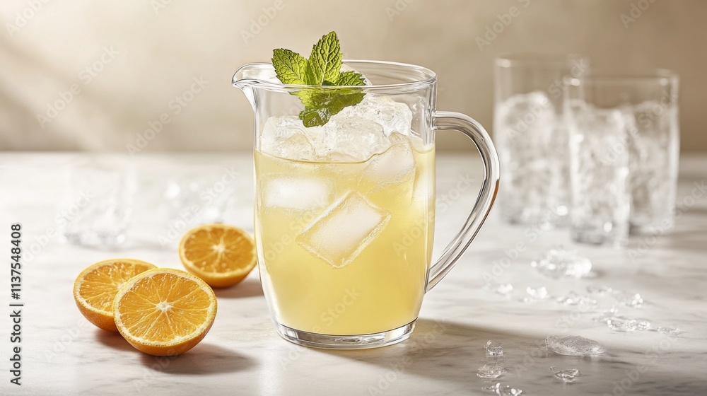 Poster refreshing citrus beverage with mint and ice in a clear pitcher