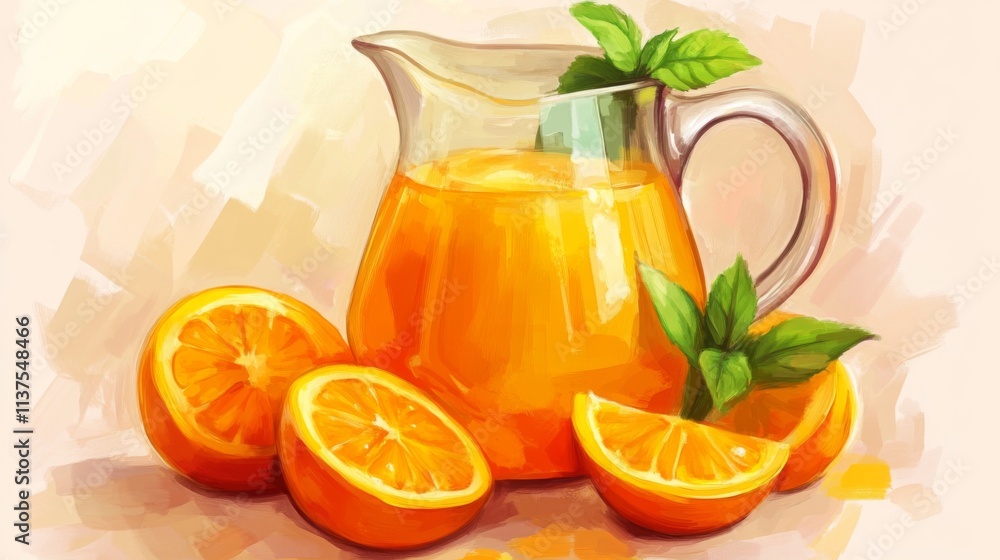 Poster Freshly Squeezed Orange Juice in a Pitcher with Mint Leaves