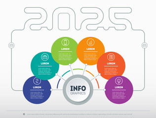 Template of a info diagram or presentation for 2025. Business concept with six options. Part of the report with icons set. Vector infographic of technology or education process.