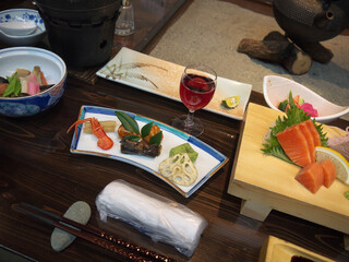Japanese fancy dinner meals lineup with aperitif shot glass 