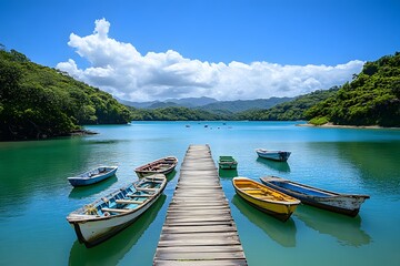 Serene dock with boats and clear blue water