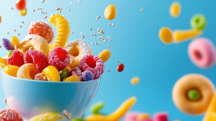 Colorful Assortment of Fruits and Candy with Blue Background