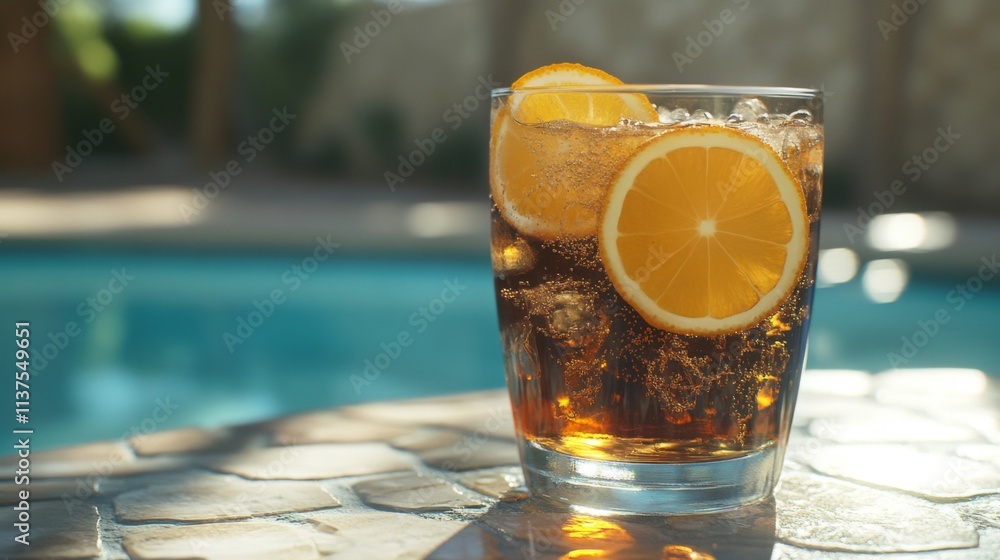 Poster Refreshing Citrus Drink with Lemon Slices by the Poolside