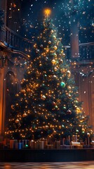 Obraz premium A festive podium in front of a grand, glowing Christmas tree, with twinkling lights and colorful ornaments hanging from its branches