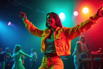 Vibrant Woman Dancing in Neon-Lit Club, Perfect for Party Promotions, Music Festivals, and Nightlife Advertising