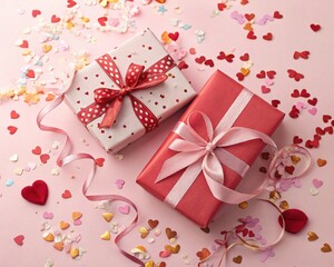 A gift box with a red ribbon and bow wrapped in paper, perfect for Christmas, birthdays, or anniversaries, featuring a heart-shaped card and festive decorations
