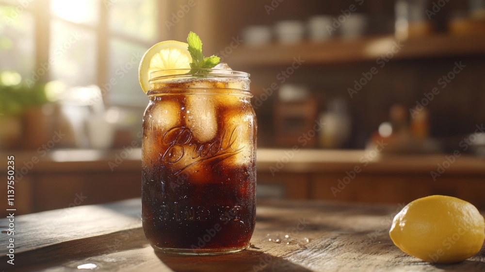 Poster refreshing lemonade in a jar with ice and mint on a table