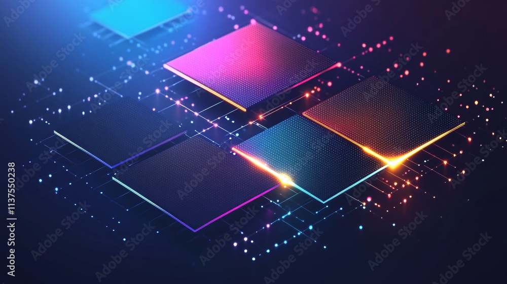 Poster futuristic hexagonal digital background with led lights and metallic texture, a computer chip with a
