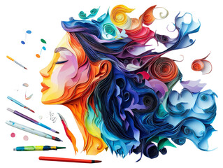 Obraz premium Imaginative Paper Art Depiction of Woman with Colorful Hair Style