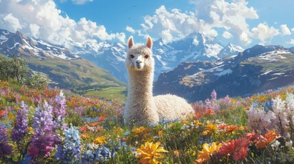 Fototapeta premium Curiously gazing alpaca flower field portrait pastoral setting close-up view charming and inviting scene