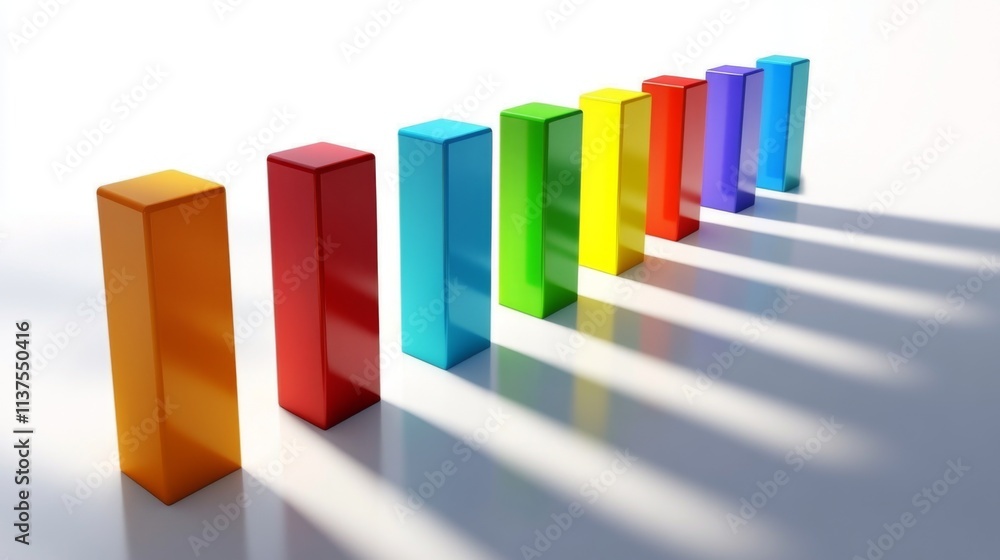 Poster colorful rectangular blocks casting long shadows on white surface