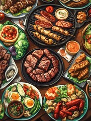 Colour water Painting of Barbecue