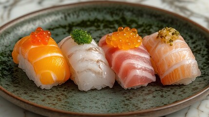 Four pieces of assorted sushi on a plate.