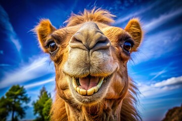 Fototapeta premium Macro Funny Cartoon Camel Big Smile Photo, Close Up Desert Animal, Happy Camel Photography, Hilarious Camel Image, Cute Camel Macro