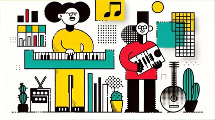 Musical Duo Performing in Pop Art Style, Creative Expression.