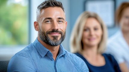 Fototapeta premium Smiling Bearded Man Engaging with Business Colleagues in Modern Office Environment Portraying Friendly Corporate Culture and Workplace