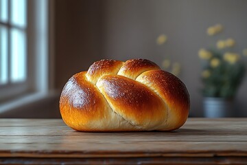 Freshly baked loaf of challah bread on a rustic wooden table