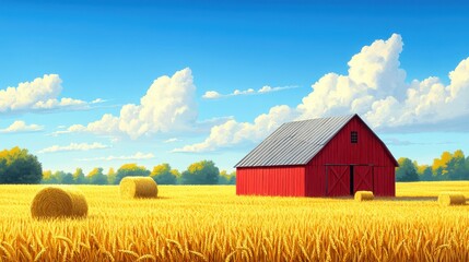 Picturesque Red Barn in a Golden Wheat Field Under a Vibrant Blue Sky with Fluffy White Clouds on a Sunny Day