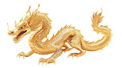 Golden Chinese dragon isolated on transparent background, 3d illustration.
