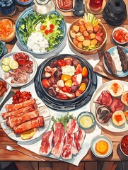 Colour water Painting of Barbecue