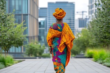 Fototapeta premium Woman wearing traditional African attire in modern city