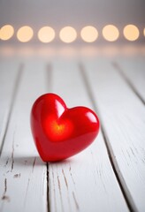 Fototapeta premium Red heart rests on white wood with blurred lights