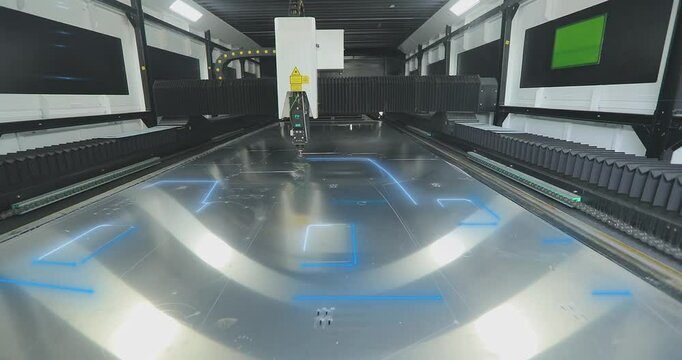 Laser cutter at the factory, visualization of the process. Visualization of a metal part on a laser cutter.