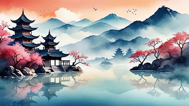 Simple Vector Art: Modern Chinese Art Gradient Watercolour
