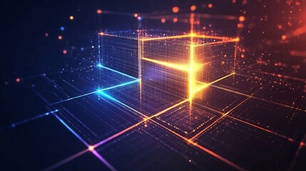 Obraz premium A vibrant abstract background featuring intersecting neon lights and squares in various colors and sizes, Abstract Grid with Pink and Blue Lights