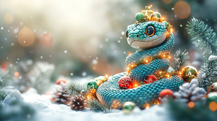 Obraz premium The snake is turquoise in color, bends into a pose in the form of a Christmas tree. He snake is adorned with festive holiday ornaments like shiny baubles, tinsel, and glowing lights.