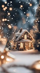 A podium adorned with sparkling snowflakes and festive greenery, with a cozy cabin and Christmas tree glowing nearby