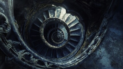 A dark, weathered spiral staircase twists downward, its worn stone steps illuminated by an eerie light. The cold tones and rugged textures create a sense of mystery, history, and exploration.. AI