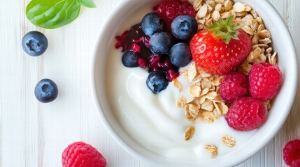Fresh Yogurt Bowl with Berries and Granola on White Wooden Table