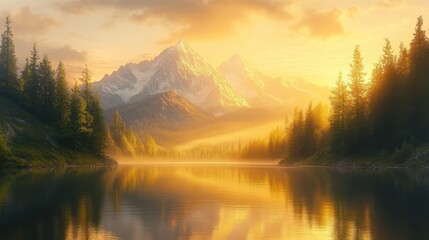 Fototapeta premium Majestic Mountain Landscape with Golden Sunrise Reflecting on a Serene Lake Surrounded by Lush Pine Forests