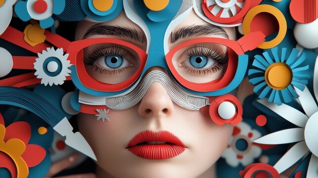 Vibrant and surreal digital depicting a fashionable woman s face adorned with colorful geometric accessories and floral elements creating a captivating and imaginative visual experience