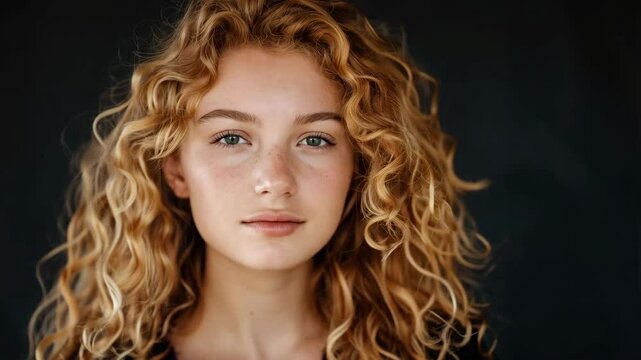 young woman with blonde curly hair on the black background