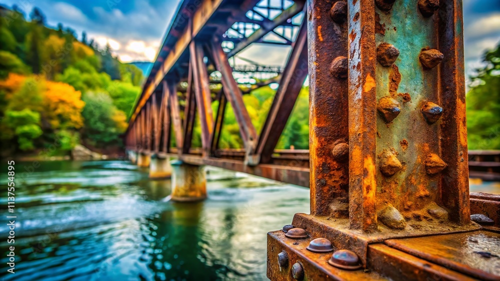 Poster macro photography of an old iron bridge part overlooking the river with rusty textures and weathered
