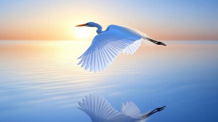 Fototapeta premium Elegant White Bird in Flight Over Calm Water at Sunset