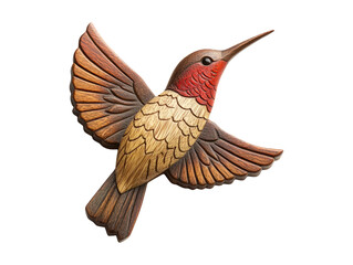 Obraz premium Intricate Wooden Hummingbird Brooch Pin Isolated on White Background