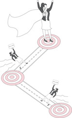 Fototapeta premium Reach the goal, career to success, complete growth or achievement, isometric businesswomen competing to run through the bullseye to reach the goal