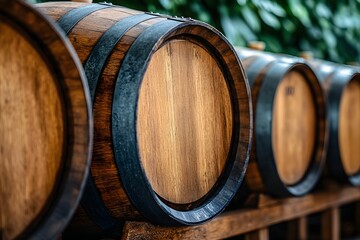 Wine barrels aging in dimly lit cellar