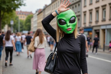 Woman wearing alien mask in urban street setting with pedestrians