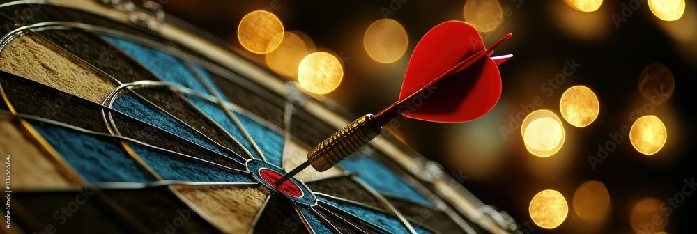 Poster red dart strikes the center of a dartboard with blue sections, illuminated by warm bokeh lights, sho