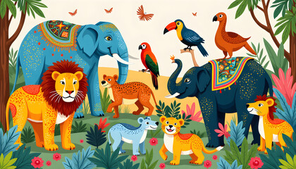 Fototapeta premium Artistic illustration of wildlife diversity featuring elephants, lions, and tropical birds in vibrant colors 