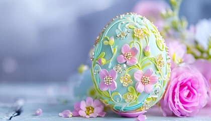 Fototapeta premium Hand-Painted Easter Egg with Intricate Floral Embellishments in Soft Pastel Tones for Premium Holiday Decorations and Elegant Gift Packaging