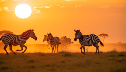 Stunning shot of zebras galloping across the open savannah at sunset, with blurred stripes in motion against a golden backdrop
